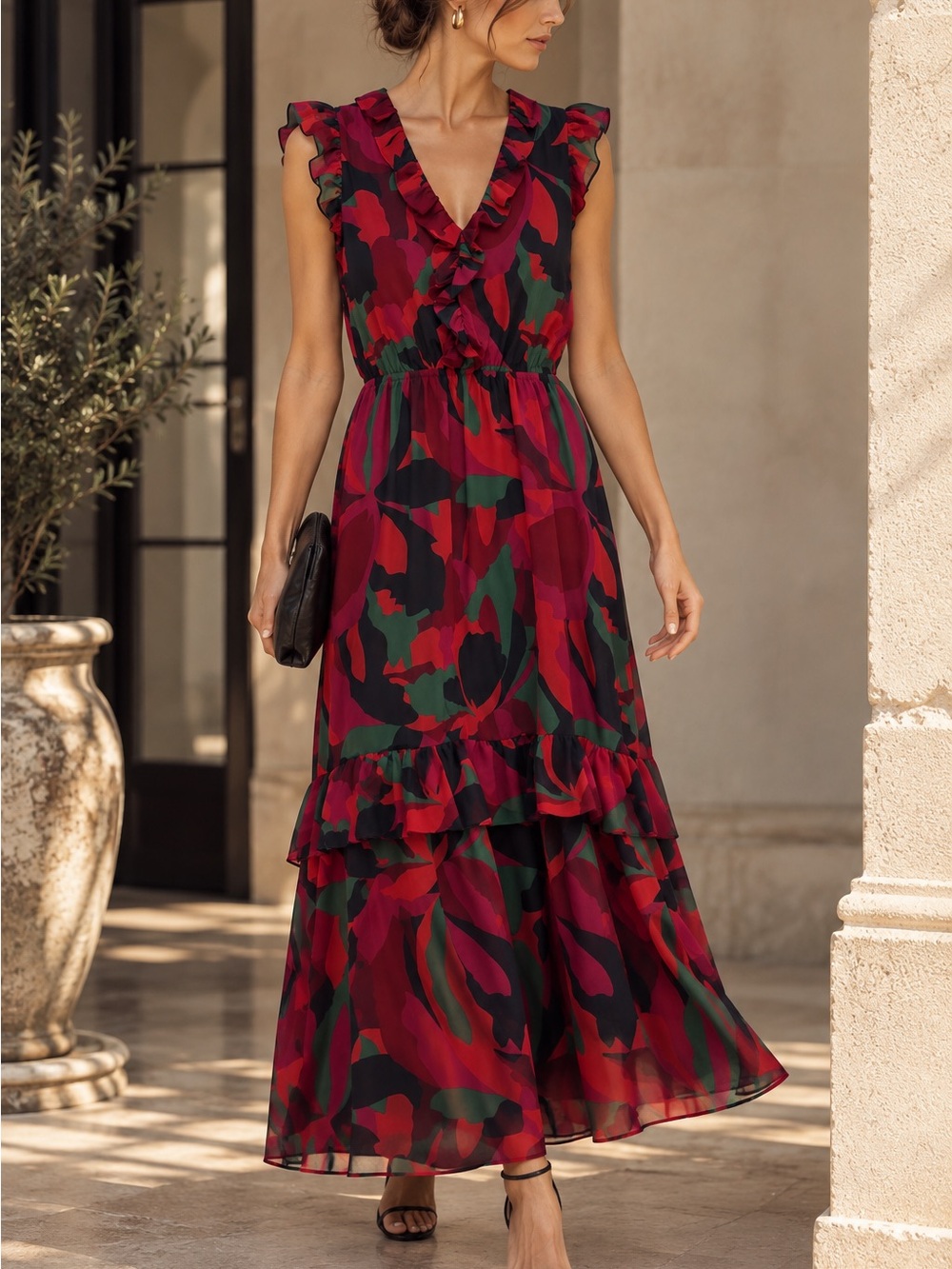 Banana Republic Tall Floral Ruffle Maxi Dress Burgundy Green S
